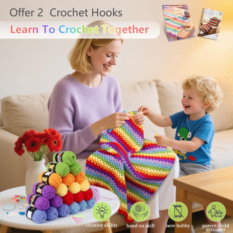 Reessy Crochet Blanket Kit for Beginners, Easy Crochet Kit for Beginners Adults & Kids with Step-by-Step Video Instructions, 43pcs Colorful Rainbow Stripe Learn to Knit Kits for Beginner - Image 4