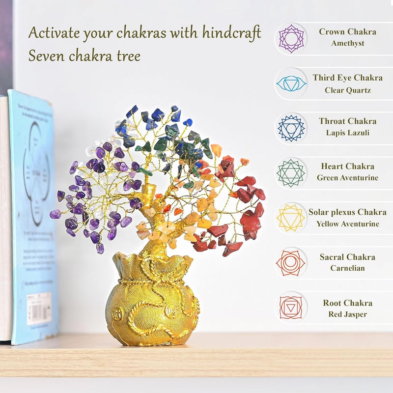 Crocon 7 Chakra Crystal Bonsai Tree with Golden Money Bag Base – Healing Gemstone Tree for Wealth, Prosperity & Positive Energy – Feng Shui Good Luck Home Decor & Rakhi Gift (7x3 Inch) - Image 2