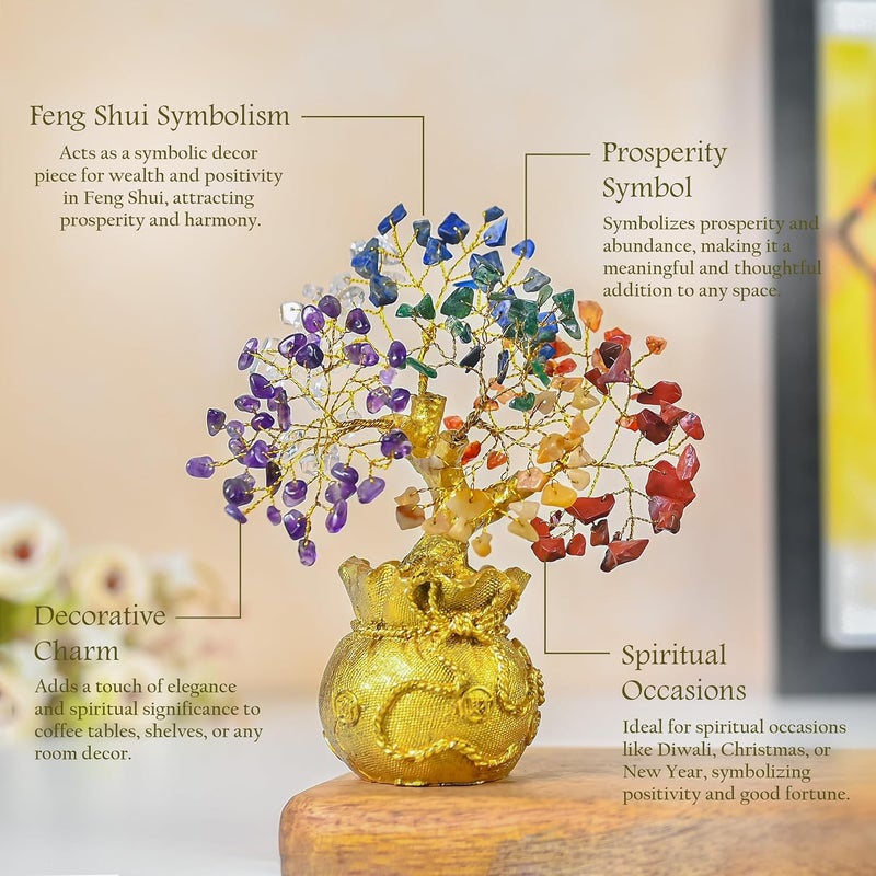 Crocon 7 Chakra Crystal Bonsai Tree with Golden Money Bag Base – Healing Gemstone Tree for Wealth, Prosperity & Positive Energy – Feng Shui Good Luck Home Decor & Rakhi Gift (7x3 Inch) - Image 3