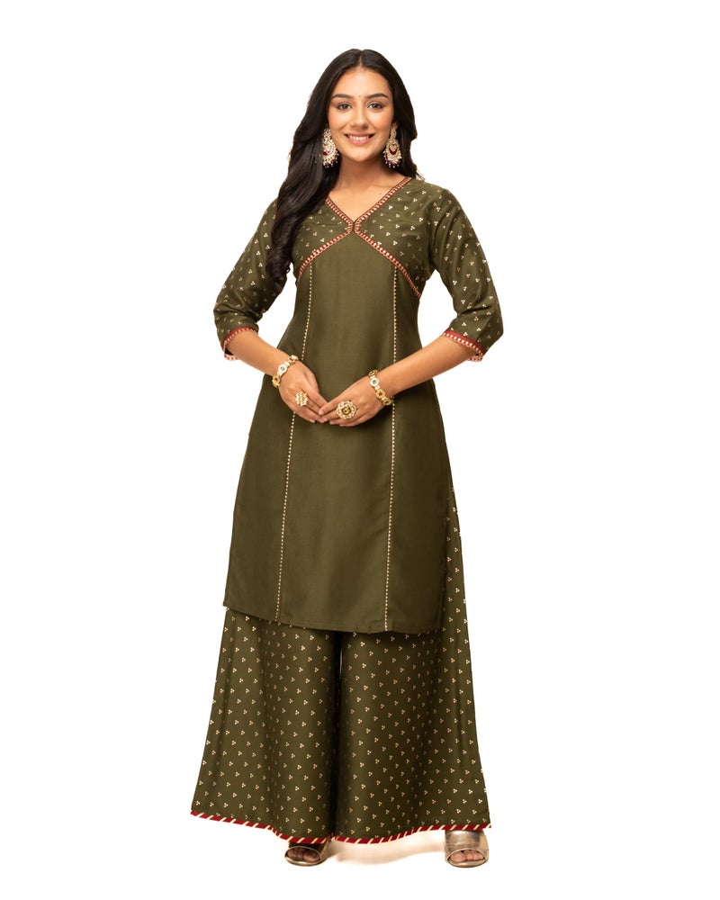 FIORRA Women's Green Silk Blend Straight Kurta with Palazzo and Dupatta SET0124 - Image 4