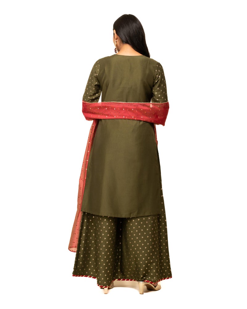 FIORRA Women's Green Silk Blend Straight Kurta with Palazzo and Dupatta SET0124 - Image 3