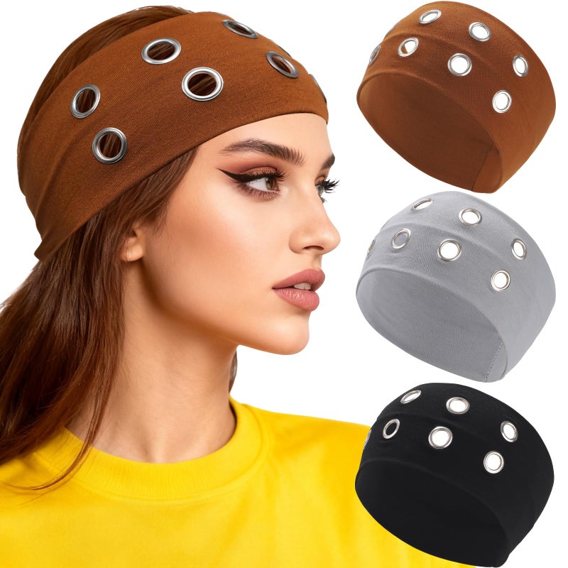 CHLINS 3 Pcs Punk Hollowed Out Eyelets Grunge Wide Headbands for Women Stretchy Metal Rock for Sports Casual Hair Bands Y2K Daily Hair Accessories - Image 1