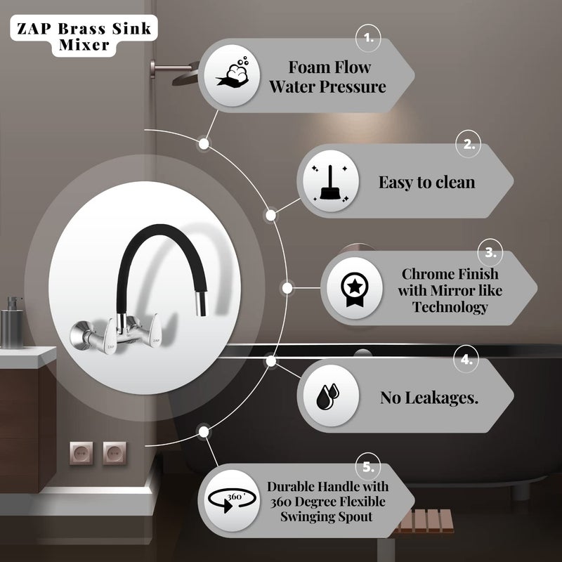ZAP خلاط حوض نحاسي Elixir 3453 مع فوهة دوارة مرنة من السيليكون | صنبور مطبخ مثبت على الحائط | خلاط مياه ساخنة وباردة | صنبور خلاط حوض بتشطيب كروم للمطبخ المودولار - Image 4