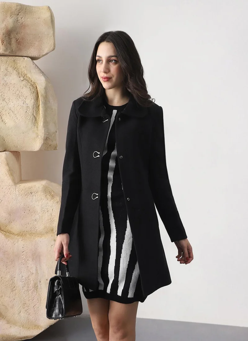 globus Globus Women Black Self Design Peter Pan Collar Long Sleeve Hip Length Tailored Fit Overcoat