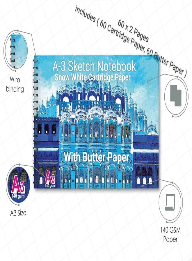 SEJASCOLLECTIONS ( Pack of 1 ) A3 Spiral Bound Sketch Book | 60 Cartridge Sheets with 60 Butter Papers | Drawing Book, Art File 60 X 2 Pages (Including Butter Paper) with 140 GSM, Snow White Cartridge Papers, Ideal for Drawing, Sketching, Colouring and Painting. Color and Design may vary. - Image 3
