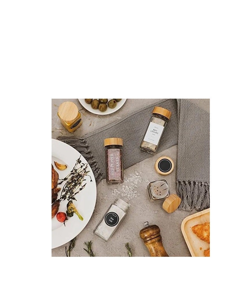 Spice Glass Jar Set with Bamboo Lids, Seasoning Storage Bottles for Spice Set of 12 Jars 125ml +24 Stickers (Arabic-English) Kitchen Salt Shaker Pepper Storage Spice Organizer - Image 4