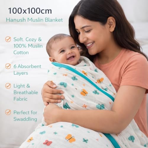 HANUSH 6-Ply Muslin Baby Blanket | 100×100 cm Soft & Breathable Cotton Muslin Blanket for Newborns & Toddlers | Baby Swaddle Blanket | Unisex | Lightweight AC Blanket, Swaddle & Play Mat - Image 2