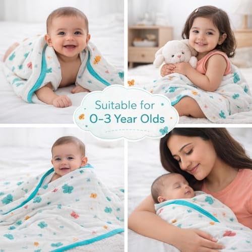 HANUSH 6-Ply Muslin Baby Blanket | 100×100 cm Soft & Breathable Cotton Muslin Blanket for Newborns & Toddlers | Baby Swaddle Blanket | Unisex | Lightweight AC Blanket, Swaddle & Play Mat - Image 4