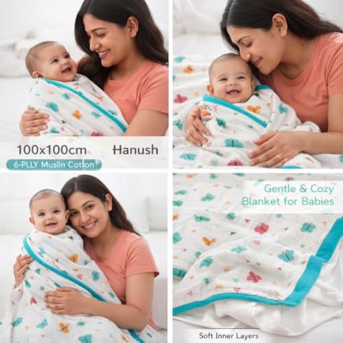 HANUSH 6-Ply Muslin Baby Blanket | 100×100 cm Soft & Breathable Cotton Muslin Blanket for Newborns & Toddlers | Baby Swaddle Blanket | Unisex | Lightweight AC Blanket, Swaddle & Play Mat - Image 3