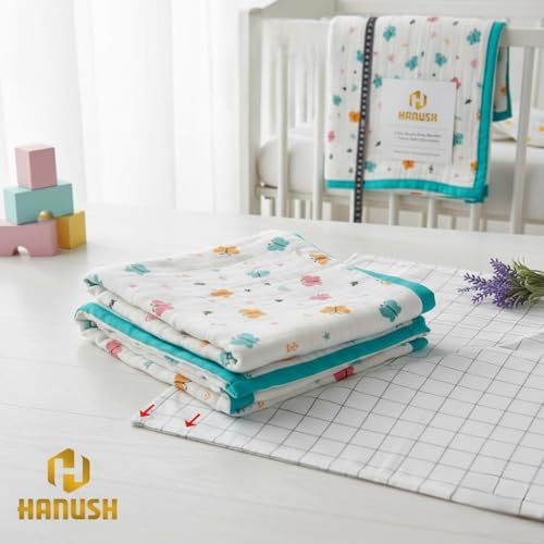 HANUSH 6-Ply Muslin Baby Blanket | 100×100 cm Soft & Breathable Cotton Muslin Blanket for Newborns & Toddlers | Baby Swaddle Blanket | Unisex | Lightweight AC Blanket, Swaddle & Play Mat - Image 5
