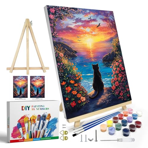 JOOZ Paint by Numbers Kit for Adults with Frame Black Cat Paint by Number with Easel DIY Seaside Sunset Flowers Paint by Numbers Landscape for Home Wall Decor 8 x 12 Inch