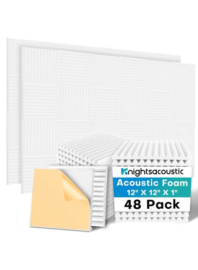 Knightsacoustic 48 عبوة من ألواح الفوم العازلة للصوت للجدران مع لاصق ذاتي، ألواح فوم صوتية 12x12x1، ألواح صوتية عالية الكثافة لامتصاص الصوت، مقاومة للحريق لعزل الصوت في الاستوديو باللون الأبيض - Image 1