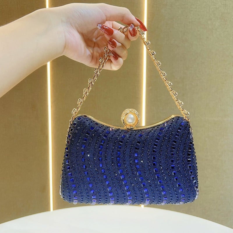 New Cross-border European and American Retro Style Fashion Diamond Bag Rhinestone Handbag Chain Bag High-end Sense Crossbody Evening Bag Dark blue - Image 1