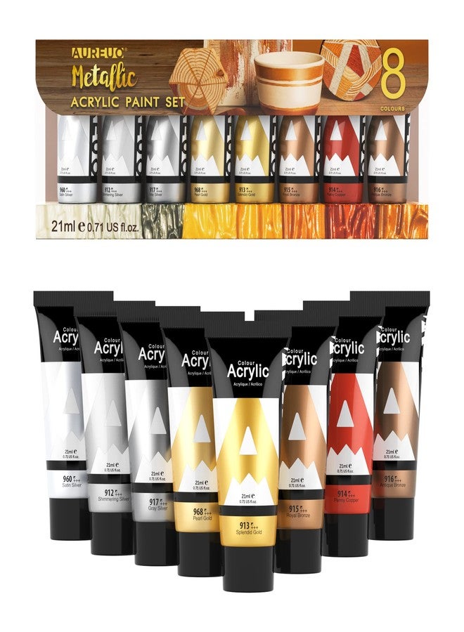 AUREUO Metallic Acrylic Paint Set - 8 Essential Colors 0.71 Fl Oz / 21ml Tubes Gold Silver Art Paints for Crafts Decor Rich Pigments Non-toxic Painting Supplies for Artists Hobby Painters Kids - Image 1