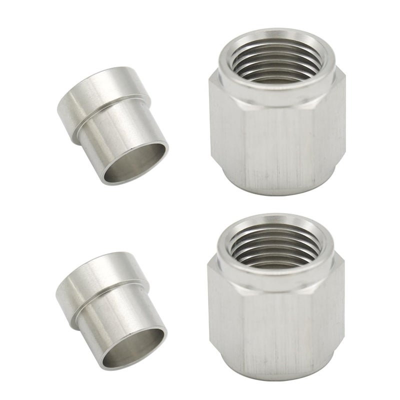 KRD Performance Stainless Steel Hardline Fitting 6AN Female Tube Nut and Sleeve for 3/8 (9.52mm) OD Alloy Tube Hose Fuel Line Fitting Adapter, Pack of 2