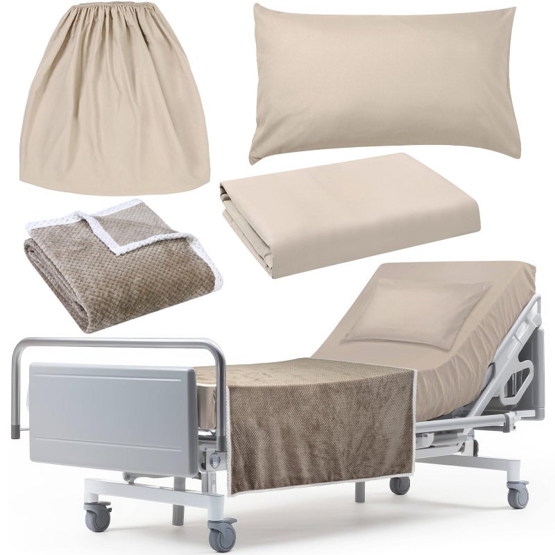 SmoothNovelty SmoothNovelty 4 Pcs Hospital Bed Sheets Set  Soft Knitted Standard Sheets Quality  Include Fitted Sheet  Quilt Cover  Pillow Case and Blanket (Camel)  - Image 1
