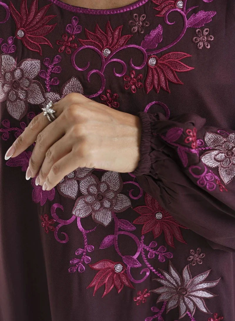 KASHKHA Dark Brown Solid Rayon Machine Embroidered Jalabiya (VG2879)