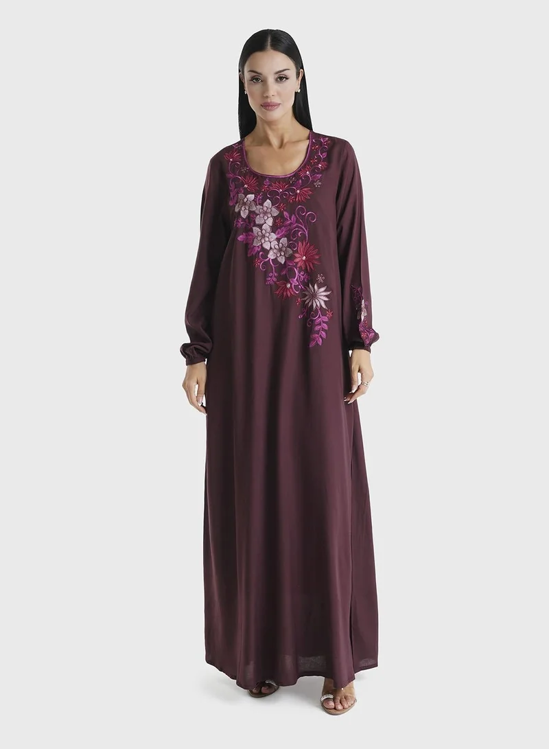 KASHKHA Dark Brown Solid Rayon Machine Embroidered Jalabiya (VG2879)