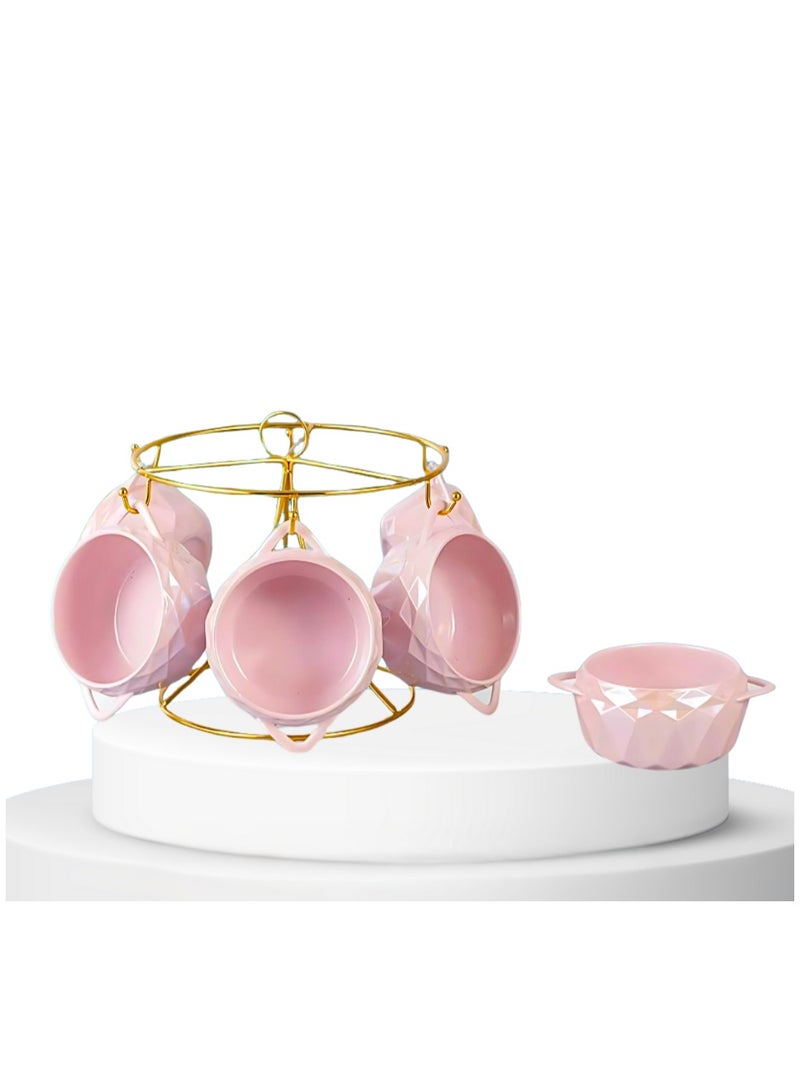 طقم مج شوربة بورسلين 2 يد عدد 6 قطع + إستاند - مستورد