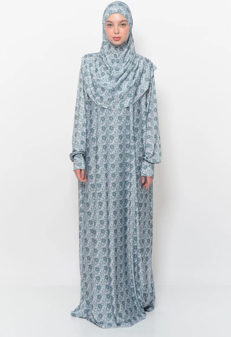 التوبة Practical One Piece Sun Patterned Sleeves Removable Headscarf Lycra Hijab Prayer Dress 990 0330