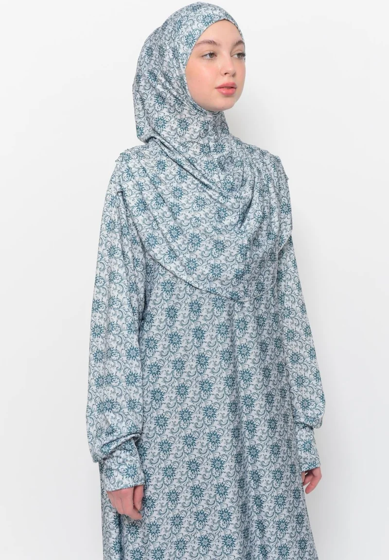 التوبة Practical One Piece Sun Patterned Sleeves Removable Headscarf Lycra Hijab Prayer Dress 990 0330
