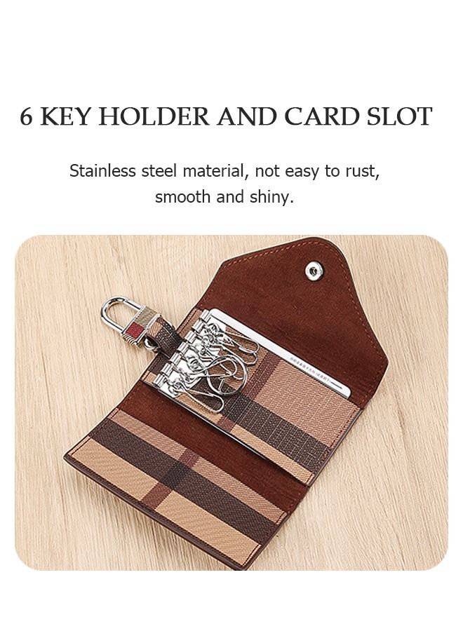 Generic Car PU Plaid Smart Key Chain bag, 6 Hook Anti Rust Alloy Key Chain Waterproof Leather Wallet Pouch, Money ID Card Storage Holder Organizer (Brown)  - Image 3