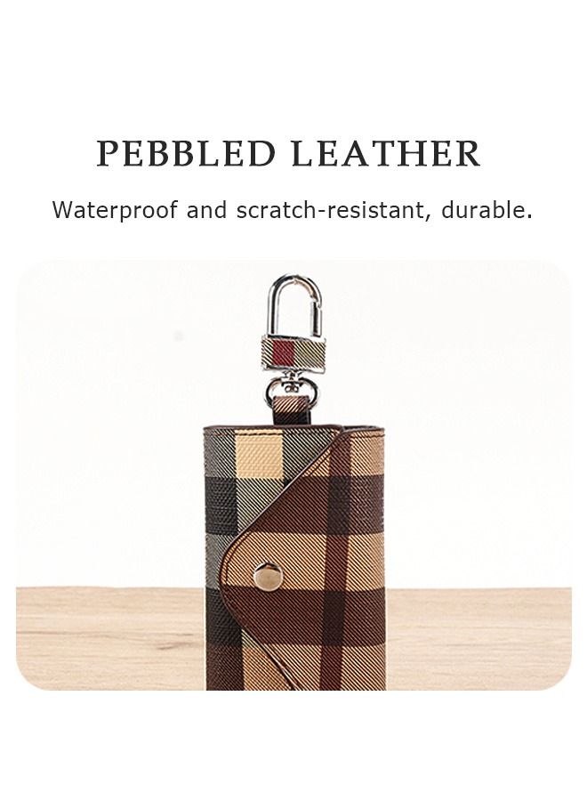 Generic Car PU Plaid Smart Key Chain bag, 6 Hook Anti Rust Alloy Key Chain Waterproof Leather Wallet Pouch, Money ID Card Storage Holder Organizer (Brown)  - Image 5