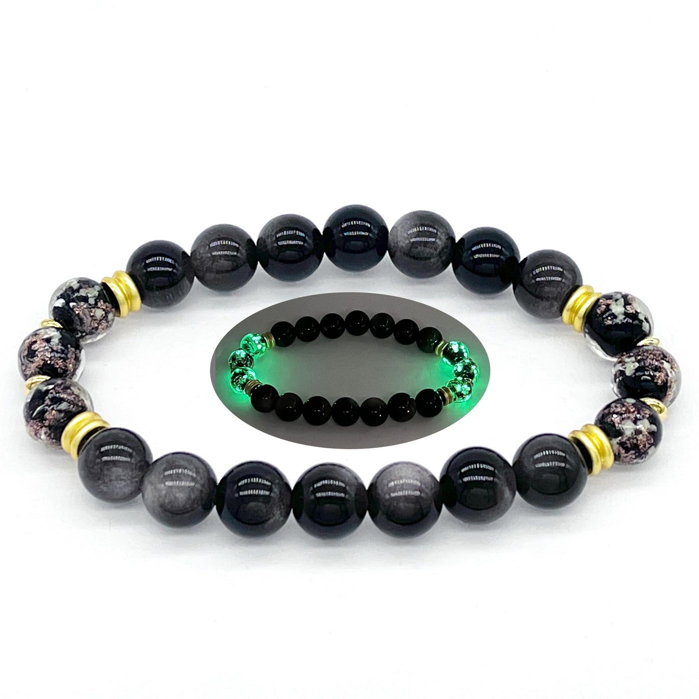 ARTSY Crafts Glow in the Dark Firefly Beads + Gemstone Beads Bracelets, 8mm Natural Crystal Stone Beaded Bracelets for Women Anti Anxeity Healing Energy Money Wealth Prosperity Abundance Luck Feng Shui Chakra Grounding (Black Obsidian)