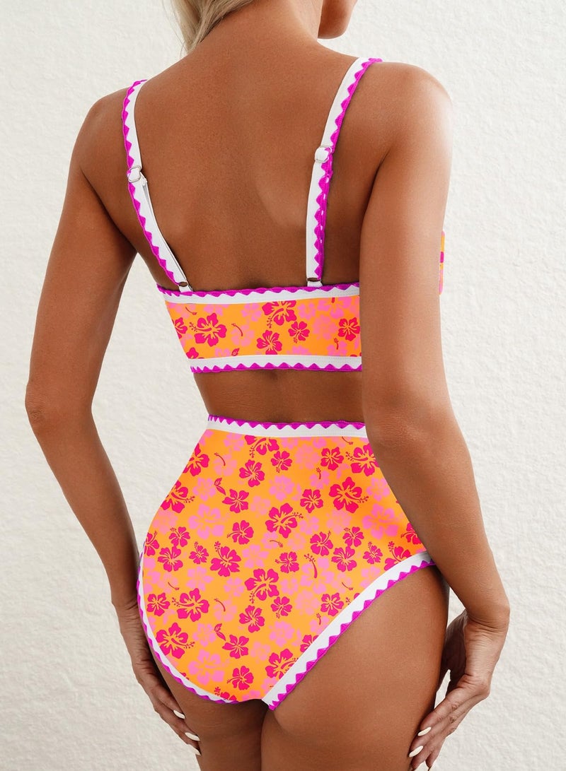 Herseas Women's 2 Piece Swim Suits 2026 Cute Bikini Sets Contrast Binding Floral Tummy Control Scoop Top Bathing Suits Cruise Travel Outfits Summer Swimwear Bright Orange Small - Image 2