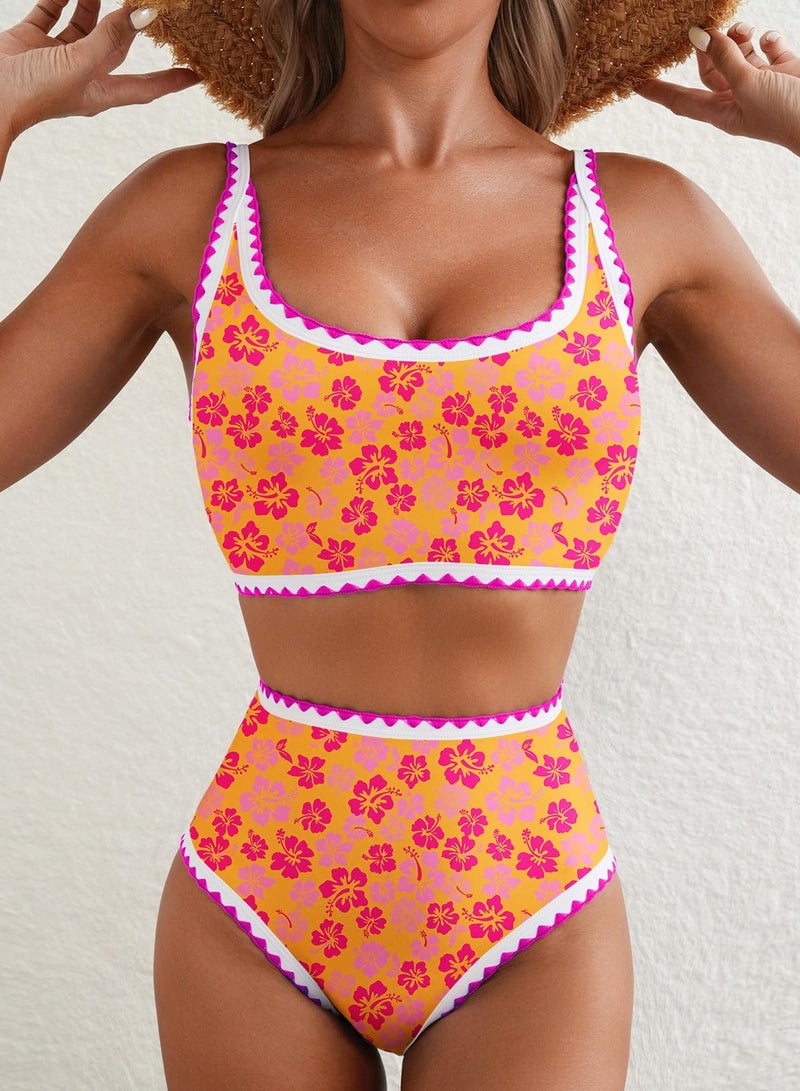 Herseas Women's 2 Piece Swim Suits 2026 Cute Bikini Sets Contrast Binding Floral Tummy Control Scoop Top Bathing Suits Cruise Travel Outfits Summer Swimwear Bright Orange Small - Image 3