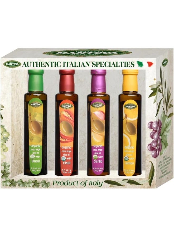 Mantova Organic Flavored Extra Virgin Olive Oil Variety Pack - Garlic, Basil, Chili, and Lemon (8.5 oz Bottles, Pack of 4) - Perfect for Cooking, Dressing, and a Great Gift Item - Image 1