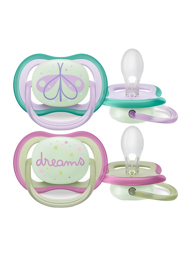 Soother Ultra Air Nighttime 0-6M For Girls, 2 Pieces | No.1 Brand Recommended by Moms Worldwide | Glows in the dark | Light | Breathable |BPA free |Orthodontic with Sterilization Case