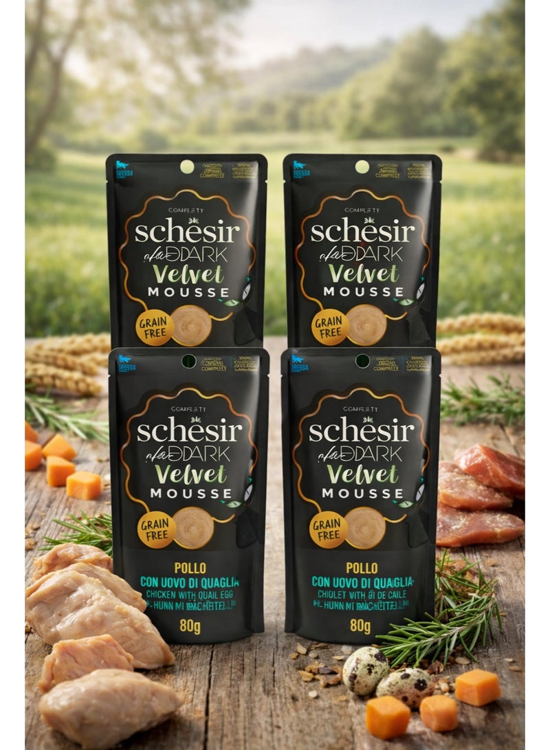 Schesir After Dark Velvet Mousse for Adult Cats – Chicken with Quail Egg – Grain-Free High-Protein Formula – 320 g (Pack of 4) - Image 1