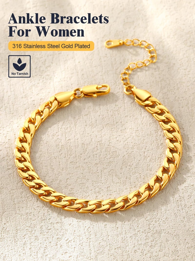 U7 Adjustable Anklet Bracelet for Women Waterproof - 18K Gold/Rose Gold Plated Stainless Steel Foot Jewelry, Hypoallergenic Cuban Chain 8.5-10.5 Inches, Barefoot Beach Wedding Gift with Velvet Pouch - Image 4