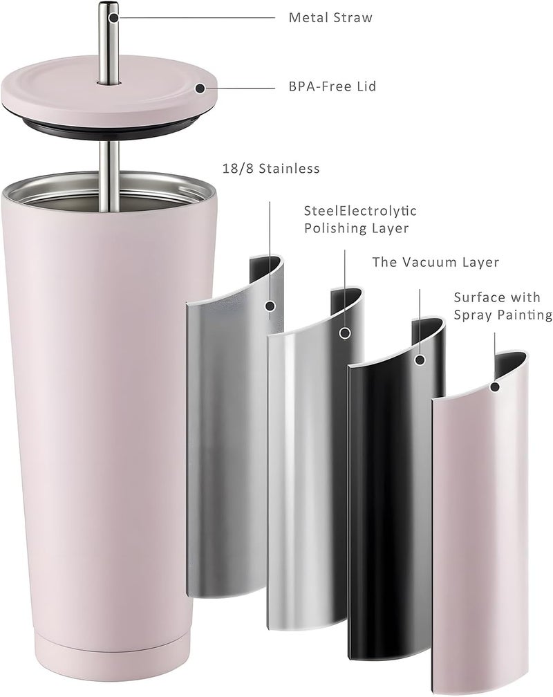 X spring Reusable Iced Coffee Cup Tumbler, 750ml Double Wall Vacuum Travel Coffee Mug with Splash-Proof Lid and Metal Straw, Leakproof Insulated Stainless Steel Cup for Home, Gym, Office (Pink) - Image 1