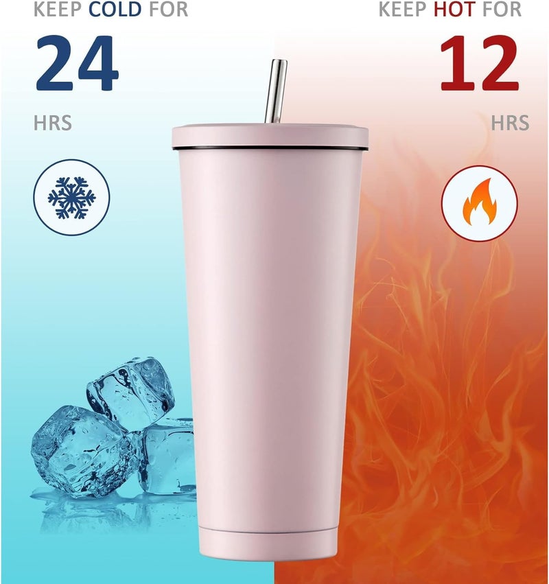 X spring Reusable Iced Coffee Cup Tumbler, 750ml Double Wall Vacuum Travel Coffee Mug with Splash-Proof Lid and Metal Straw, Leakproof Insulated Stainless Steel Cup for Home, Gym, Office (Pink) - Image 4