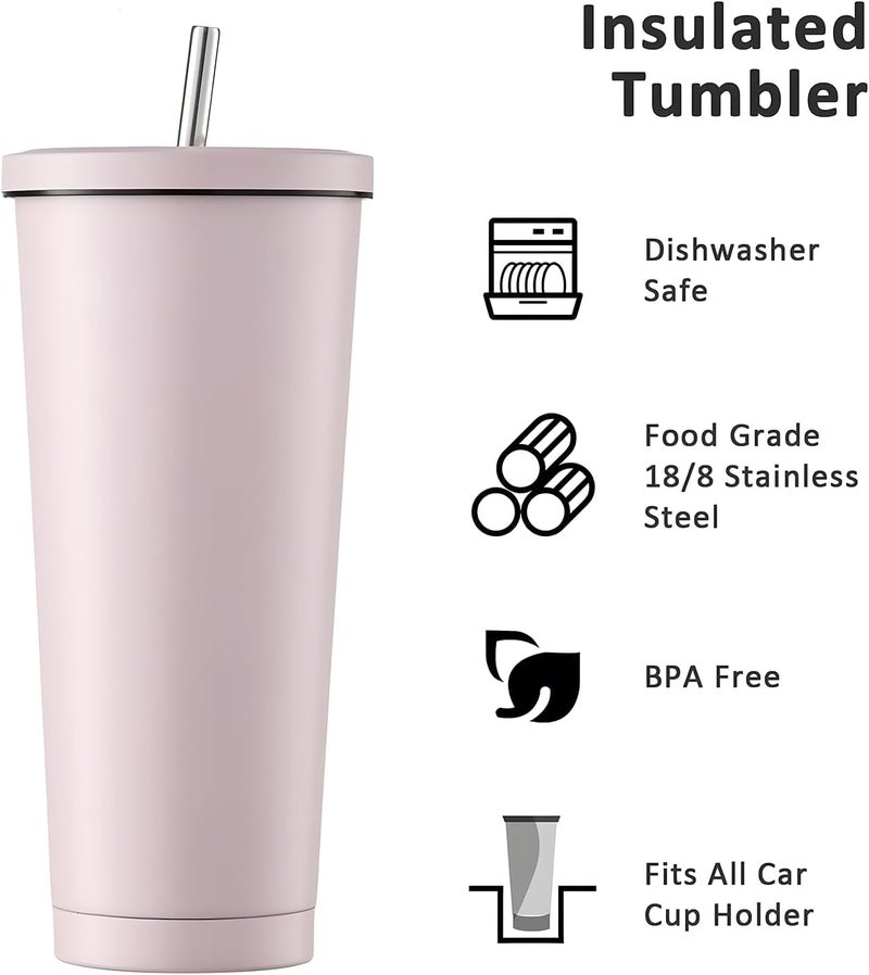 X spring Reusable Iced Coffee Cup Tumbler, 750ml Double Wall Vacuum Travel Coffee Mug with Splash-Proof Lid and Metal Straw, Leakproof Insulated Stainless Steel Cup for Home, Gym, Office (Pink) - Image 2