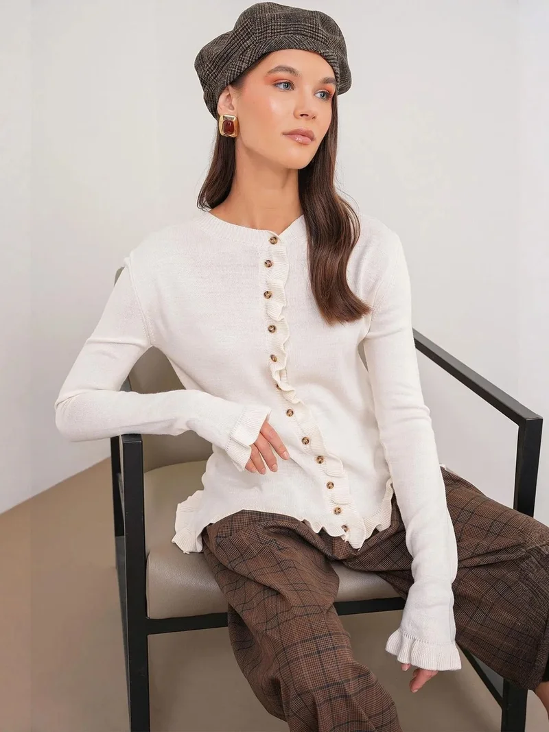 Mixray Natural MIXRAY Frilly Ribbed Knit Cardigan for Women | Best Price UAE