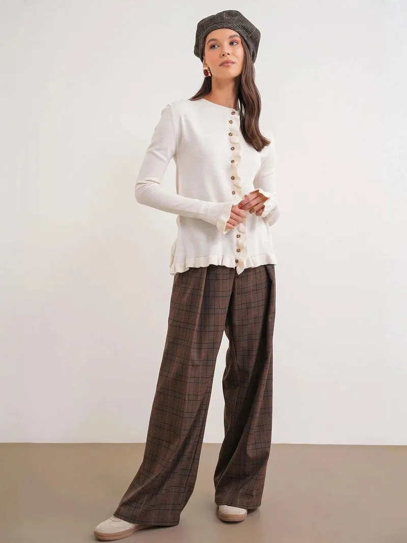 Mixray Natural MIXRAY Frilly Ribbed Knit Cardigan for Women | Best Price UAE