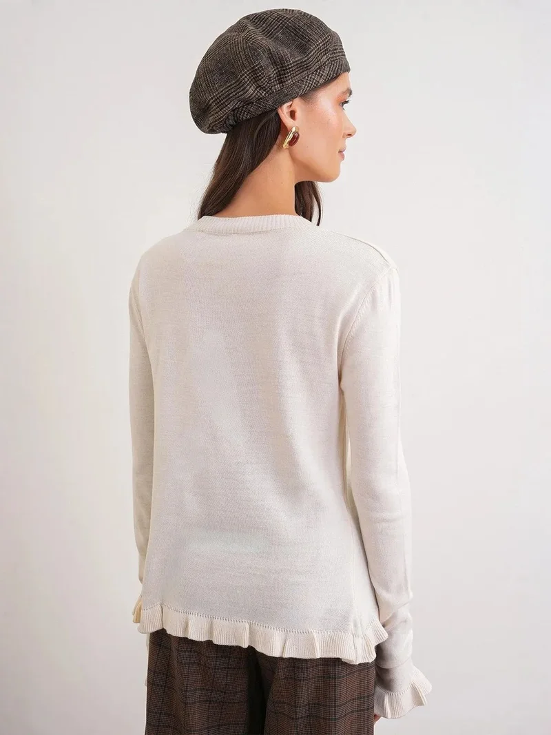 Mixray Natural MIXRAY Frilly Ribbed Knit Cardigan for Women | Best Price UAE