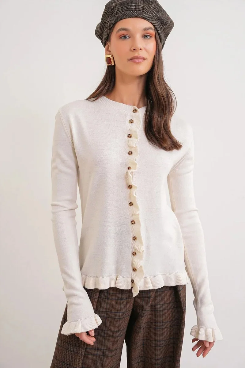 Mixray MIXRAY Frilly Ribbed Knit Cardigan