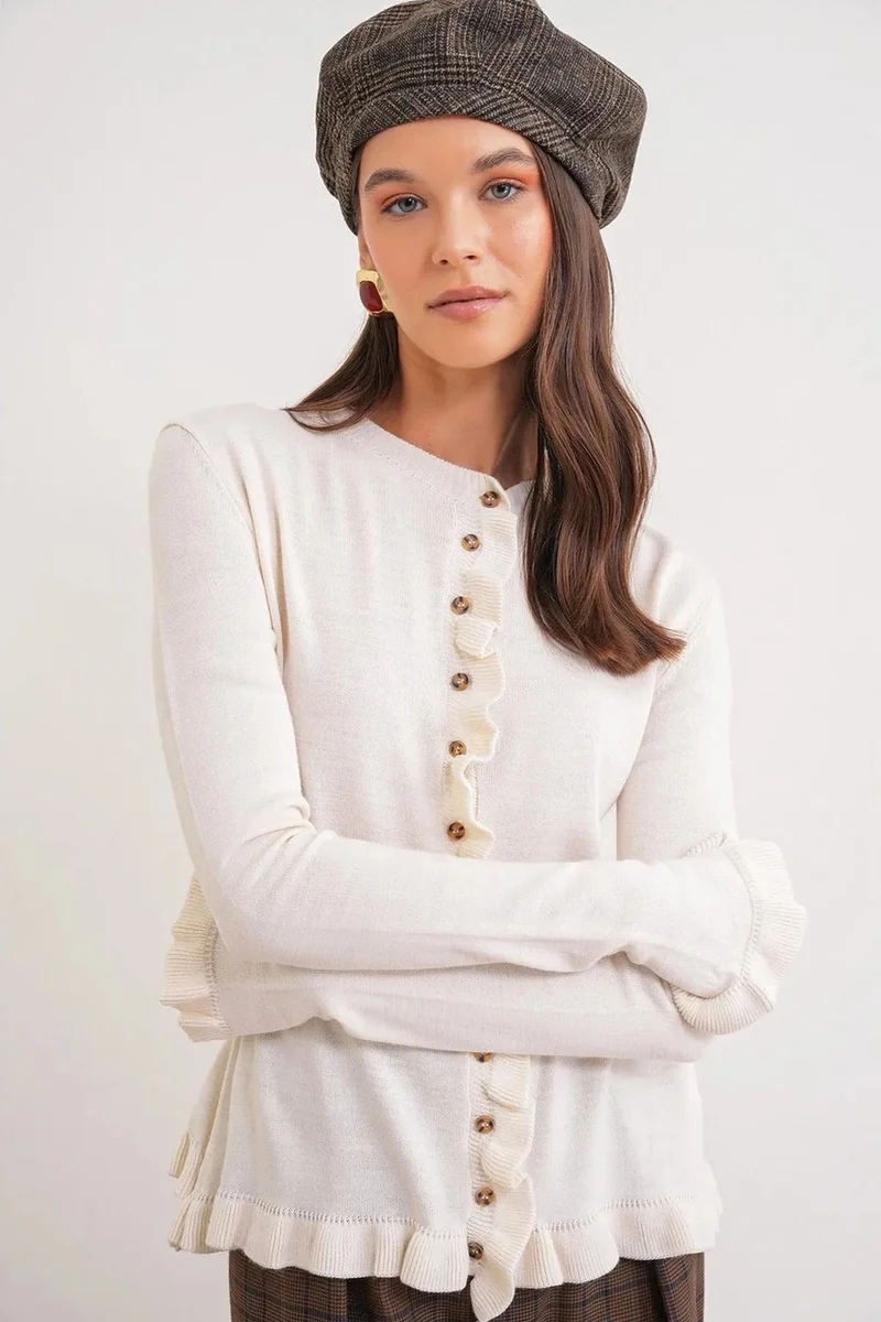 Mixray MIXRAY Frilly Ribbed Knit Cardigan