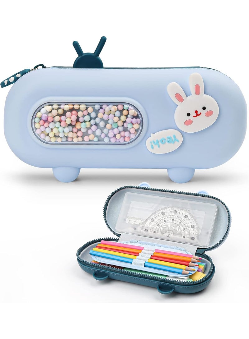 SOLARAE Pencil Case Kawaii Pencil Box for Kids Silicone Cartoon Pink Pencil Pouch for Girls with Compartments Large Capacity Waterproof Anti-shock Stationery Organizer(Blue) - Image 1