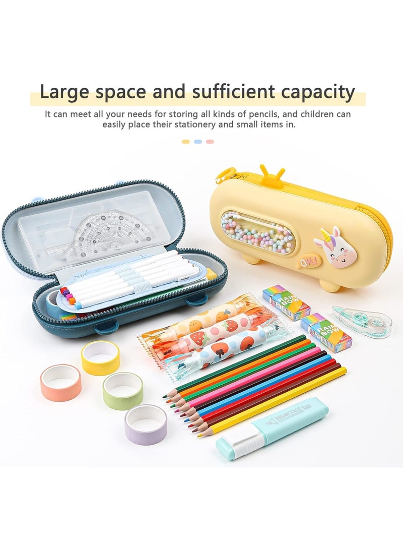 SOLARAE Pencil Case Kawaii Pencil Box for Kids Silicone Cartoon Pink Pencil Pouch for Girls with Compartments Large Capacity Waterproof Anti-shock Stationery Organizer(Blue) - Image 5
