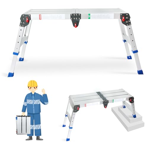 LEADALLWAY Portable Work Platform Height Adjustment 33"(L) x12(W) x20(H) Foldable Step Stool Aluminum Platform Ladder with One-Touch Automatic Fold 330 Lbs Capacity - Image 1