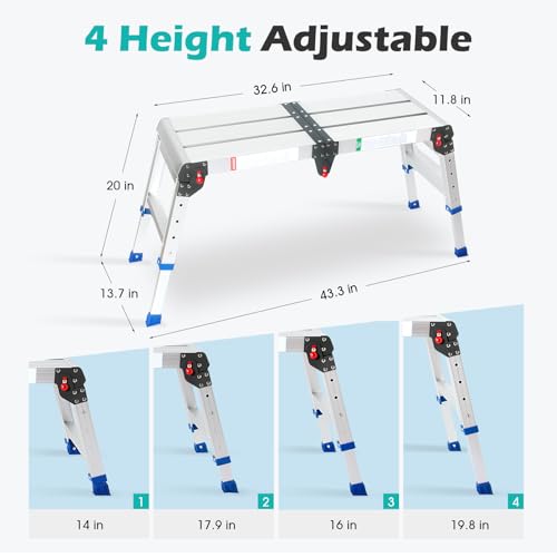 LEADALLWAY Portable Work Platform Height Adjustment 33"(L) x12(W) x20(H) Foldable Step Stool Aluminum Platform Ladder with One-Touch Automatic Fold 330 Lbs Capacity - Image 4
