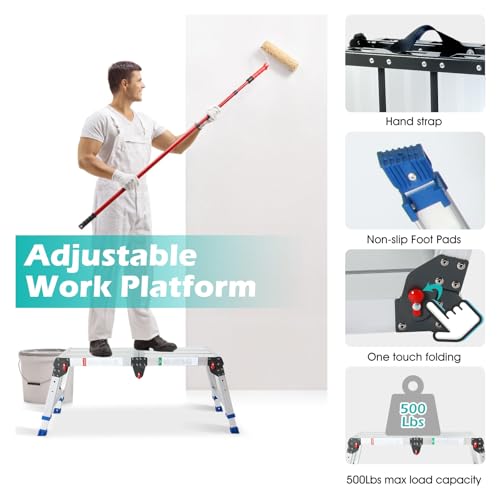 LEADALLWAY Portable Work Platform Height Adjustment 33"(L) x12(W) x20(H) Foldable Step Stool Aluminum Platform Ladder with One-Touch Automatic Fold 330 Lbs Capacity - Image 3