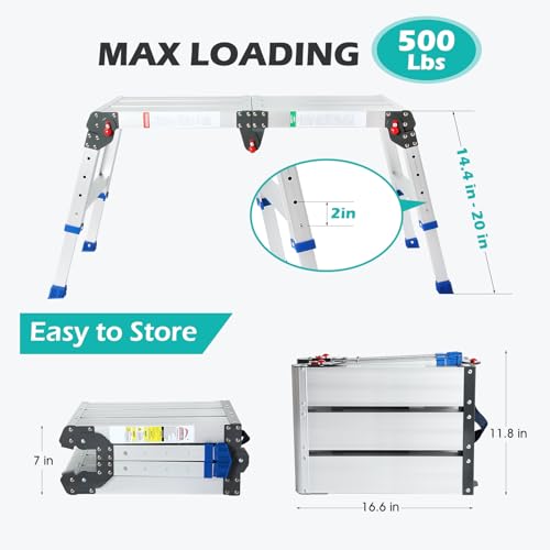 LEADALLWAY Portable Work Platform Height Adjustment 33"(L) x12(W) x20(H) Foldable Step Stool Aluminum Platform Ladder with One-Touch Automatic Fold 330 Lbs Capacity - Image 2