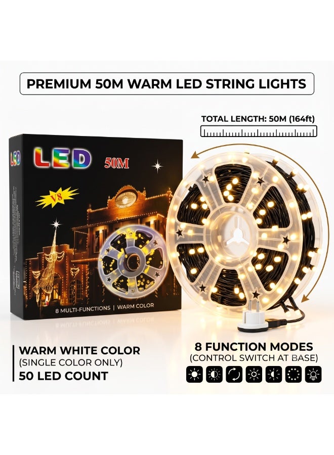 سلسلة إضاءة LED بيضاء دافئة فاخرة بطول 50 مترًا مع 8 أوضاع، مقاومة للماء، إضاءة خارجية على بكرة تخزين، سلك أسود، إضاءة زخرفية للحديقة والفناء وحفلات الزفاف والمنزل - Image 1