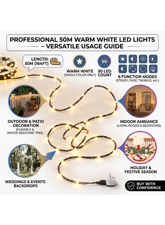 سلسلة إضاءة LED بيضاء دافئة فاخرة بطول 50 مترًا مع 8 أوضاع، مقاومة للماء، إضاءة خارجية على بكرة تخزين، سلك أسود، إضاءة زخرفية للحديقة والفناء وحفلات الزفاف والمنزل - Image 4